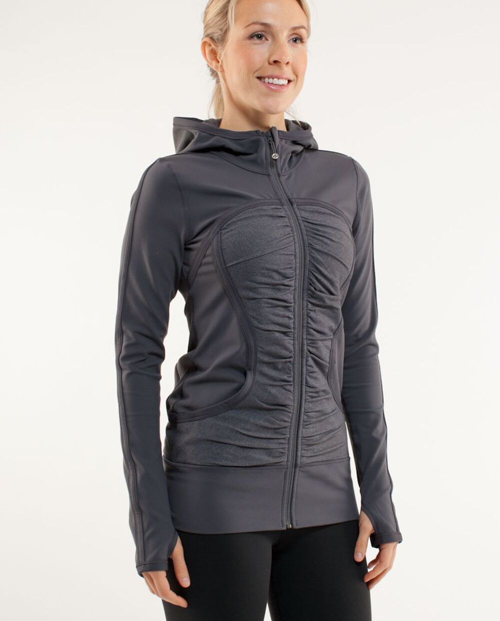 Lululemon Pure Balance Jacket Womens 8 Charcoal Gray Full Zip Hooded Thumb Hole